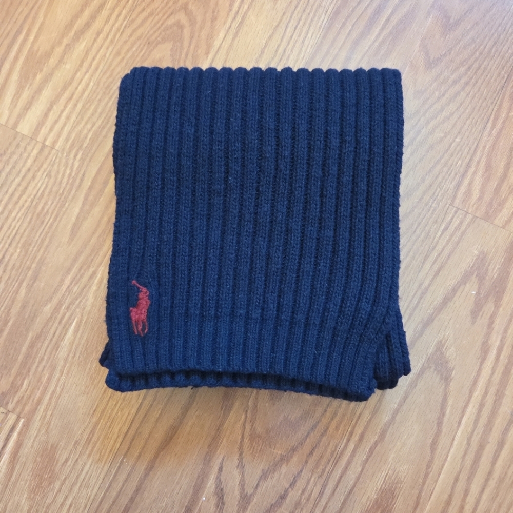 Polo Ralph Lauren Rib Sweater Scarf Lambswool Blend Blue Pony